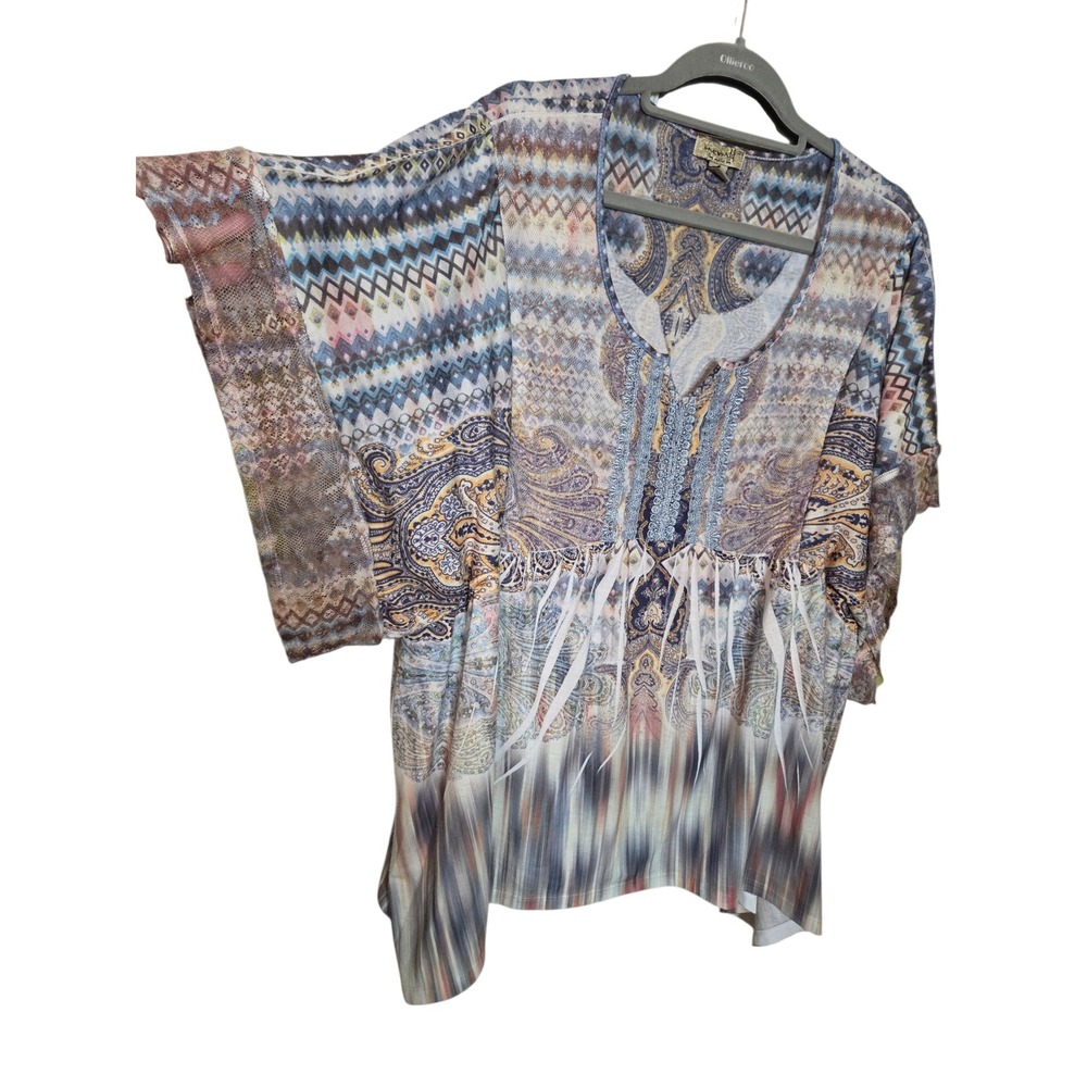 One World XL Boho Multi Color Paisley Geometric Lace Trim Kimono Sleeve Tunic